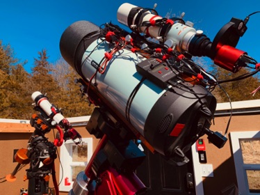 Takahashi FSQ-85EDX installed on the RASA's back, piggyback.  The William Optics GTF81 triplet moved to the CGE Pro off in the corner. 3/7/20