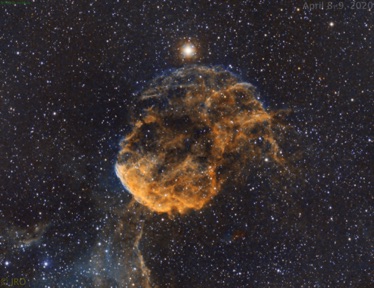 Jellyfish nebula   April 8-9, 2020  1 hour Ha + 1 hour OIII + I hour SII.  Tak FSQ85-EDX 1.01x w/ ASI1600 using Antlia 3.5nm Narrowband filters on MX+