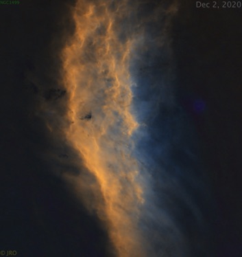 NGC1499  Starless 11/29/20 & Dec 2, 2020  2.5 hours Ha, 1.75 hours SII and 1 hour OIII processed in Pixinsight. ASI294MM Pro w/ Antila 3.5nm filters on FSQ85/MX+