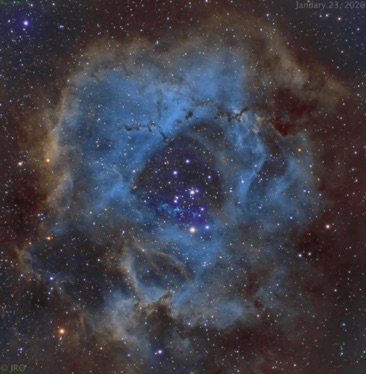 Rosette nebula Jan 18, 22 & 23 2020.  23xHa, 25xSii, 33xOiii ZWO ASI1600 on William Optics GTF81 w/ 0.8x reducer on Paramount MX+