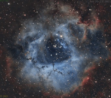 Rosettte nebula 94x90s subs (2hrs, 21 mins) captured 2/20 and 2/23, 2021 on 11" RASA v2 sporting an 
ASI 2600 with L-eXtreme filter on an MX+