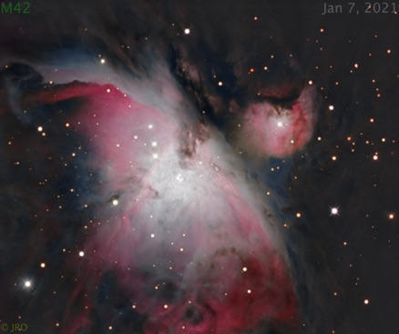 M42 captured on Jan 7, 2021 via Atik 16200, Chroma 3nm RGB filters with my  GSO 14" RC on an MX+. 60x30s subs of each R, G and B filters.